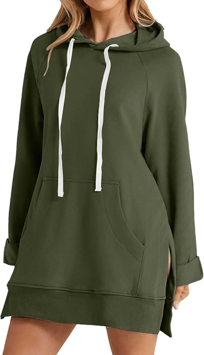 Women's Oversized Hoodie Dress Casual Pullover Long Sleeve Split Hem Sweatshirts Drawstring Hoodies Dress With Pocket