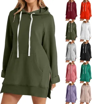 Women's Oversized Hoodie Dress Casual Pullover Long Sleeve Split Hem Sweatshirts Drawstring Hoodies Dress With Pocket