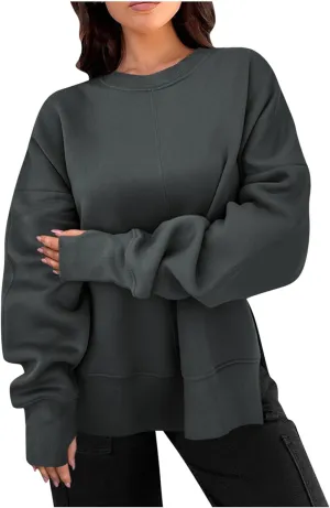 Womens Oversized Hoodies Casual Loose Fall Crewneck Sweatshirts Long Sleeve Trendy Pullover Tops Side Slit