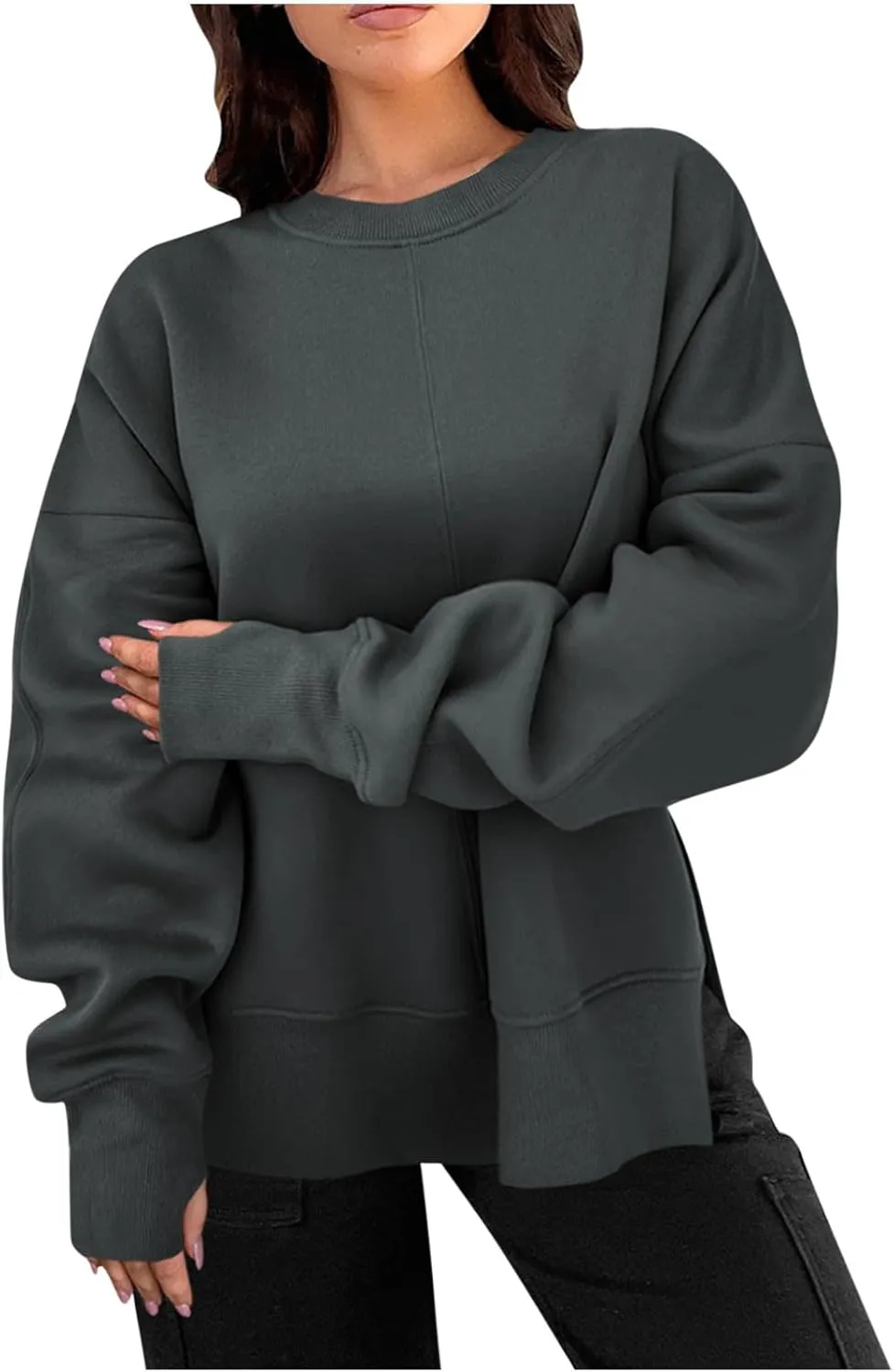 Womens Oversized Hoodies Casual Loose Fall Crewneck Sweatshirts Long Sleeve Trendy Pullover Tops Side Slit
