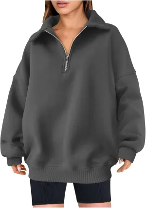 Women's Oversized Quarter Half Zip Hoodies Sweatshirt,Casual V Neck Long Sleeve Pullover Tunic Comfy Basic Tops
