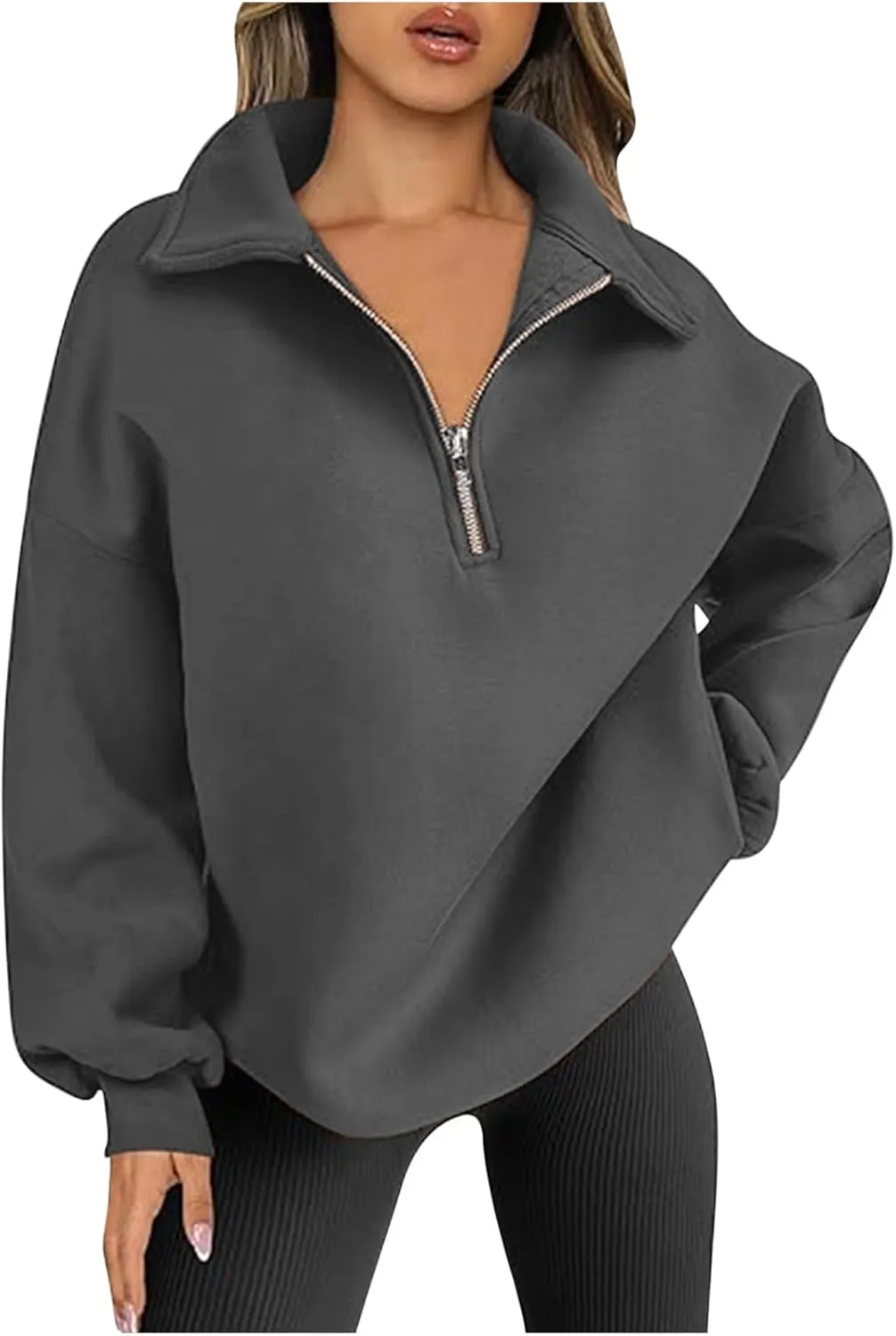 Women's Oversized Quarter Half Zip Hoodies Sweatshirt,Casual V Neck Long Sleeve Pullover Tunic Comfy Basic Tops