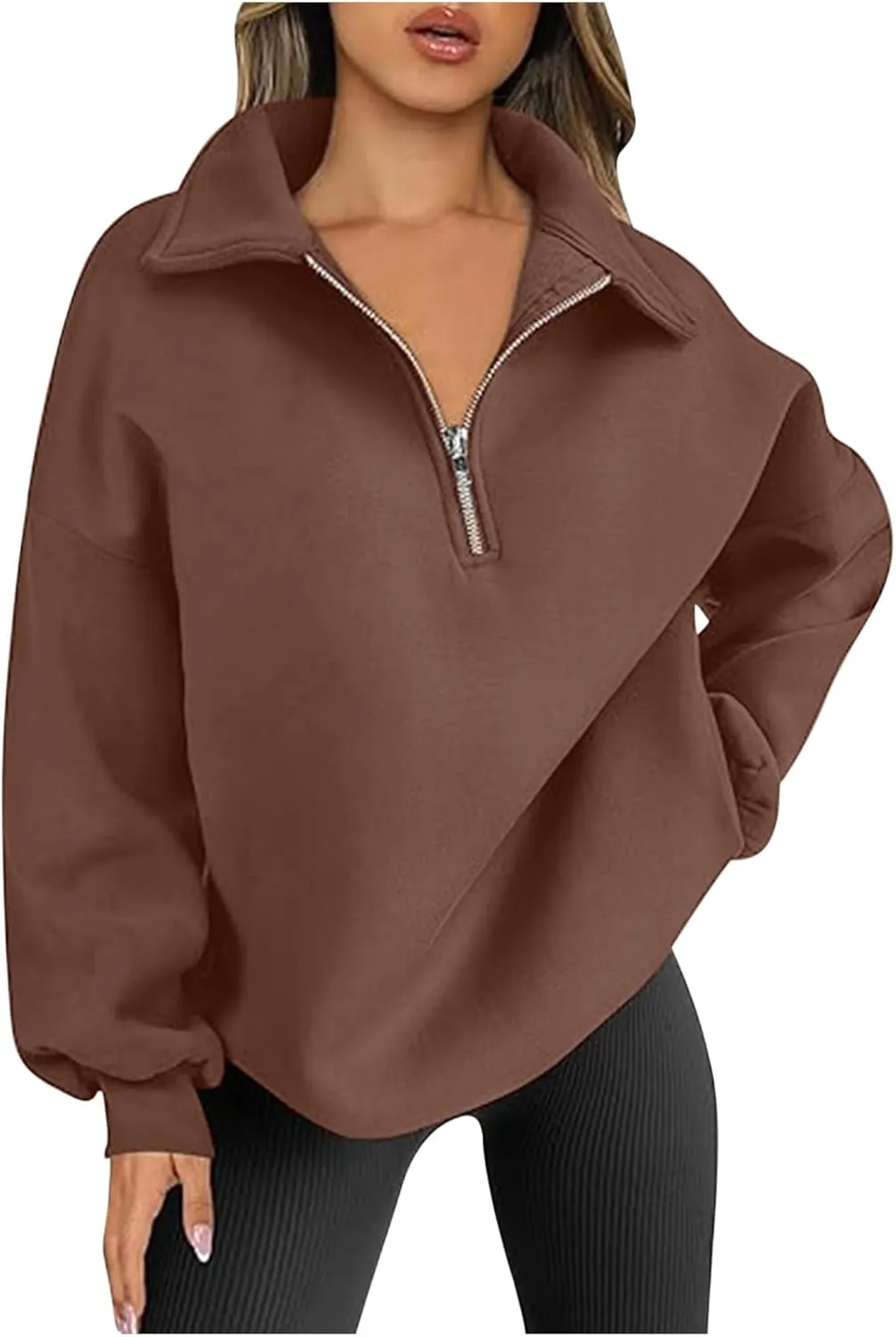 Women's Oversized Quarter Half Zip Hoodies Sweatshirt,Casual V Neck Long Sleeve Pullover Tunic Comfy Basic Tops