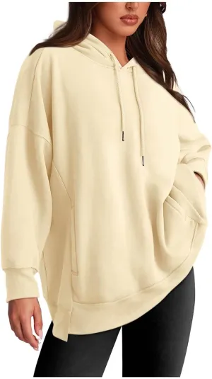 Womens Oversized Solid Color Hoodies Loose Drawstring Long Sleeve Pocket Sweatshirts Fall Winter Casual Pullover