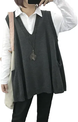 Women's Oversized Sweater Vest Fall V Neck Sleeveless Pullover Sweater Loose Knitted Tunic Tops with Pockets