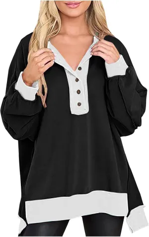 Womens Oversized Sweatshirts 2024 Fashion Fall Hoodies Long Sleeve V Neck Button Down Pullover Loose Fit Tops