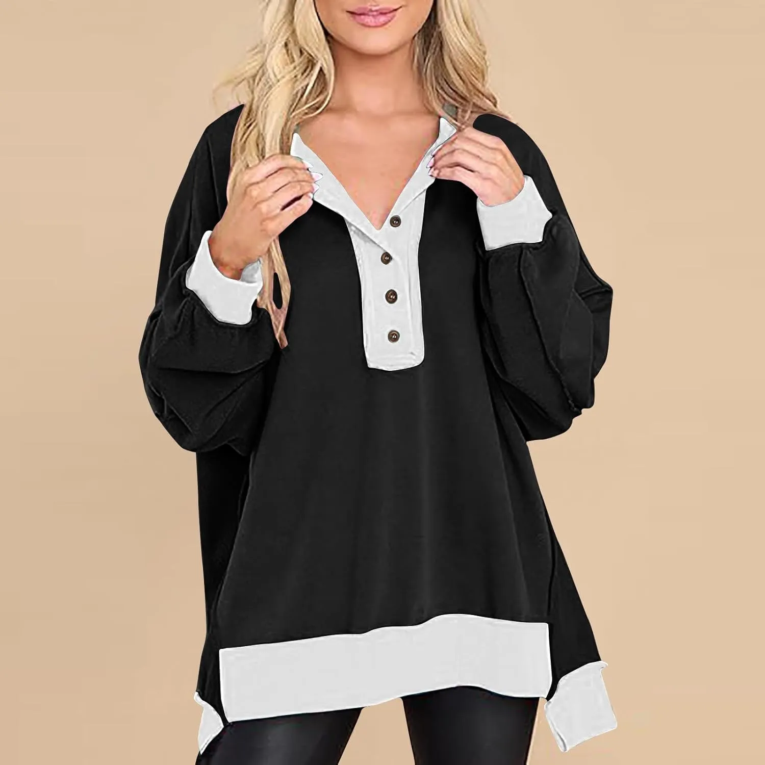 Womens Oversized Sweatshirts 2024 Fashion Fall Hoodies Long Sleeve V Neck Button Down Pullover Loose Fit Tops