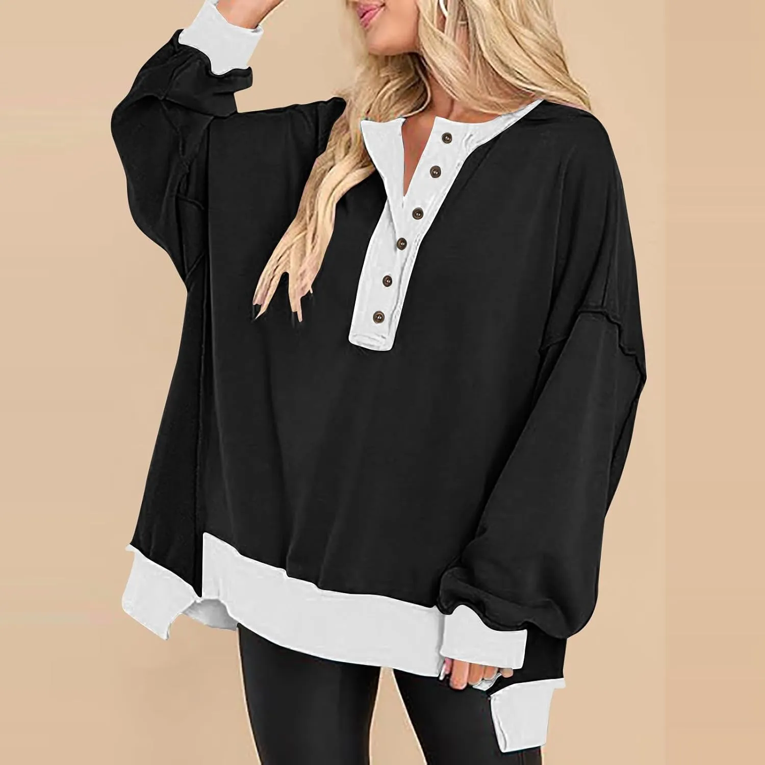 Womens Oversized Sweatshirts 2024 Fashion Fall Hoodies Long Sleeve V Neck Button Down Pullover Loose Fit Tops