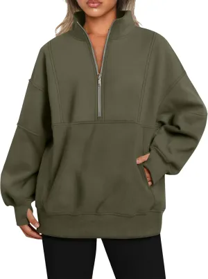 Women's Oversized Sweatshirts Long Sleeve Half Zip Fleece Pullover Tops Trendy Solid Color Fall Winter Clothes