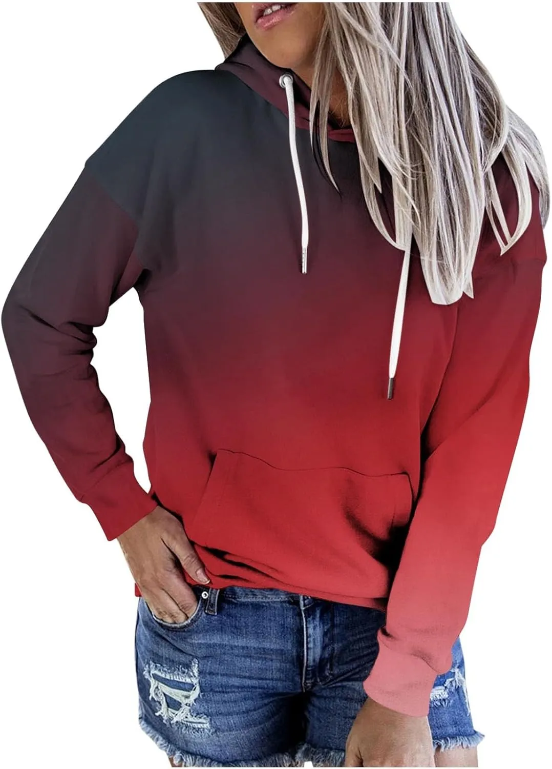 Womens Pullover Hoodie Sweatshirts Casual Tie Dye Tunic Shirts Long Sleeve Drawstring Pullover Tops With Pocket