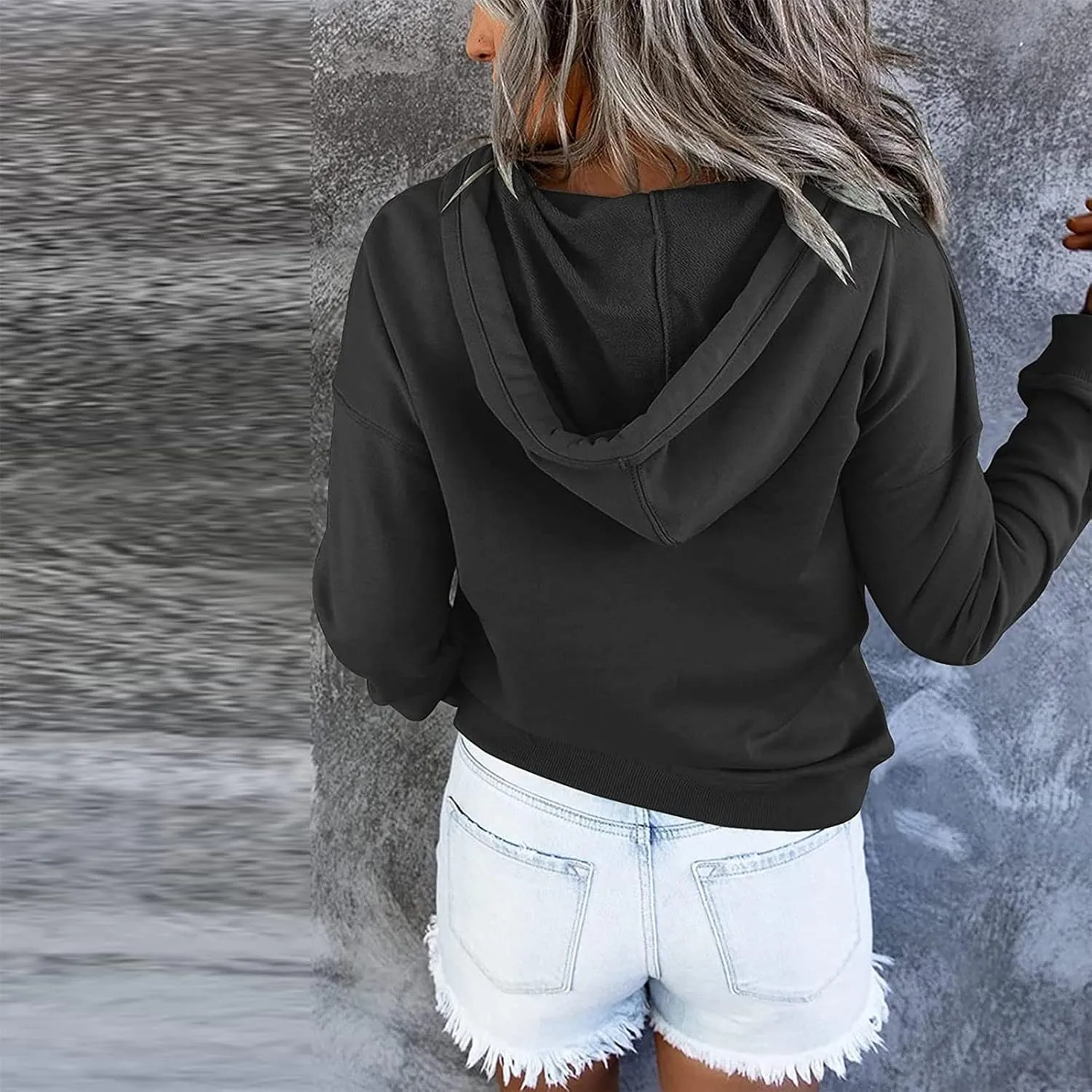 Womens Pure Color Oversized Hoodies Button V Neck Athletic Hooded Sweatshirts Fall Winter Pullover with Pocket