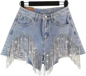 Womens Rhinestone Tassel Jean Denim Shorts Diamond Ripped High Waist Blue Jean Summer Shorts