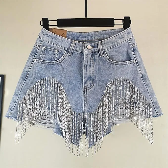 Womens Rhinestone Tassel Jean Denim Shorts Diamond Ripped High Waist Blue Jean Summer Shorts