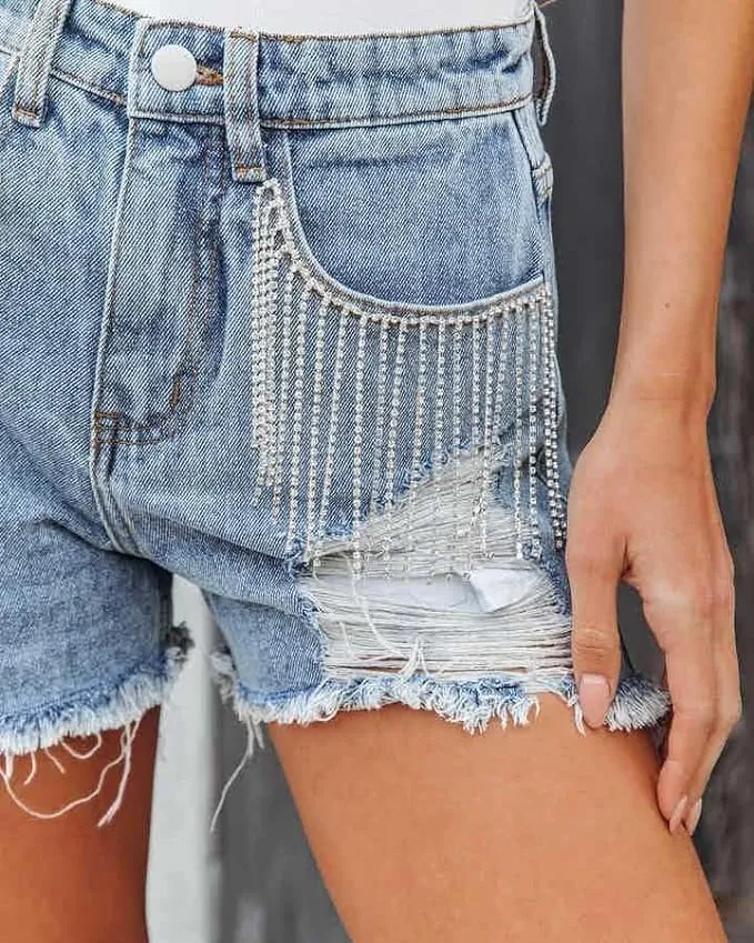 Womens Rhinestone Tassel Jean Denim Shorts Diamond Ripped High Waist Blue Jean Summer Shorts