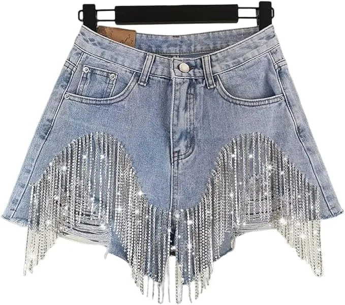 Womens Rhinestone Tassel Jean Denim Shorts Diamond Ripped High Waist Blue Jean Summer Shorts
