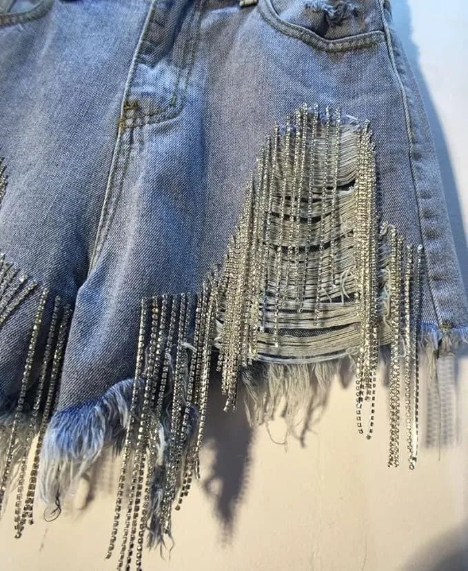 Womens Rhinestone Tassel Jean Denim Shorts Diamond Ripped High Waist Blue Jean Summer Shorts