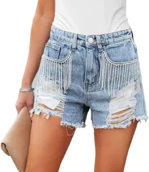 Womens Rhinestone Tassel Jean Denim Shorts Diamond Ripped High Waist Blue Jean Summer Shorts