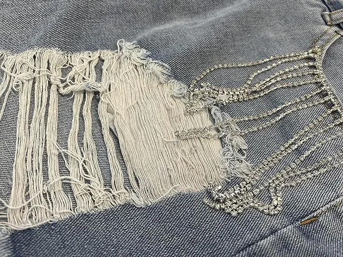 Womens Rhinestone Tassel Jean Denim Shorts Diamond Ripped High Waist Blue Jean Summer Shorts