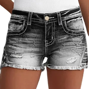 Women's Ripped High Waisted Jean Shorts American Flag Frayed Raw Hem Casual Denim Shorts