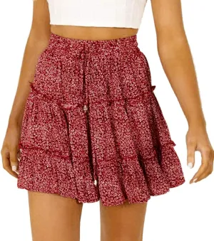 Women's Short Skirt Summer Drawstring Waist Ruffle Skirt Floral Print Swing Beach Mini Dress (L, Red)