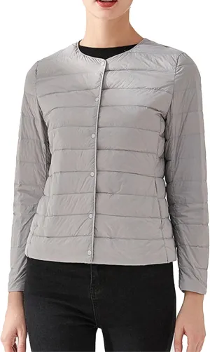 Women's Snap Buttons Duck Down Jacket Packable Crewneck Cropped Puffer Jacket Winter Lightweight Quilted Jacket