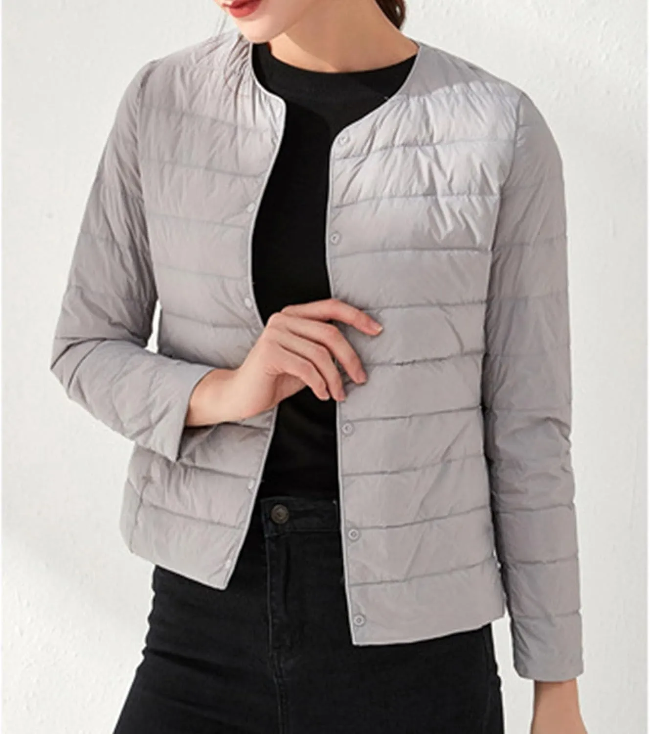Women's Snap Buttons Duck Down Jacket Packable Crewneck Cropped Puffer Jacket Winter Lightweight Quilted Jacket