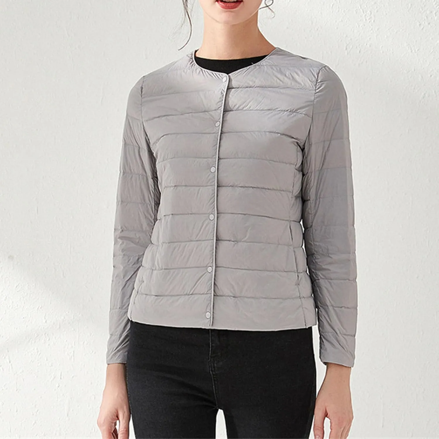 Women's Snap Buttons Duck Down Jacket Packable Crewneck Cropped Puffer Jacket Winter Lightweight Quilted Jacket