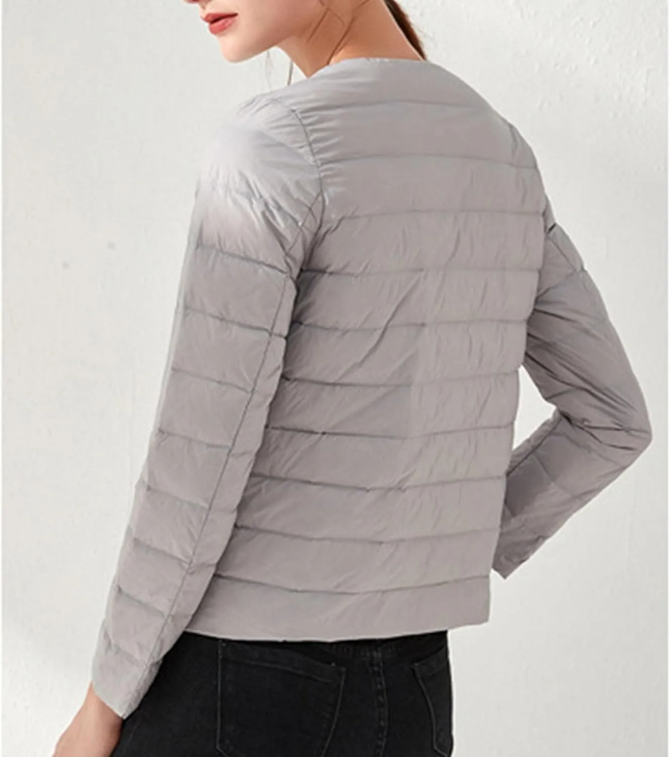 Women's Snap Buttons Duck Down Jacket Packable Crewneck Cropped Puffer Jacket Winter Lightweight Quilted Jacket
