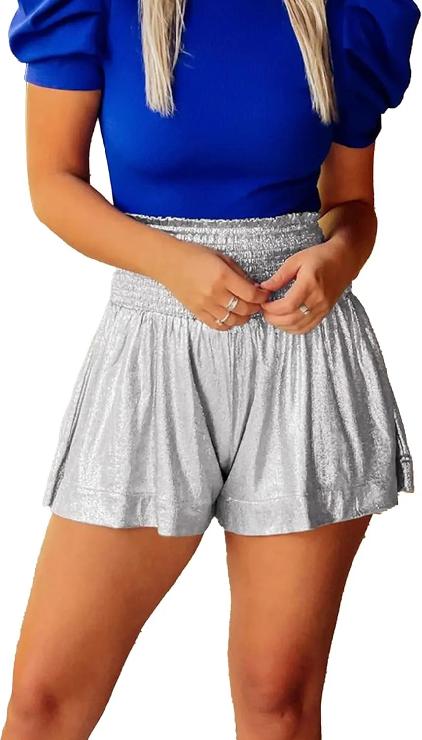 Womens Sparkly Pleated Ruffle Flowy Shorts High Elastic Waisted Flowy Sequin Shorts Loose Sport Lounge Shorts