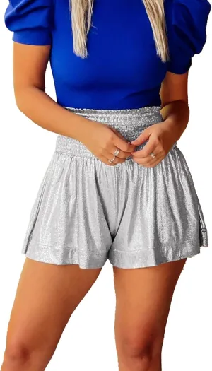 Womens Sparkly Pleated Ruffle Flowy Shorts High Elastic Waisted Flowy Sequin Shorts Loose Sport Lounge Shorts
