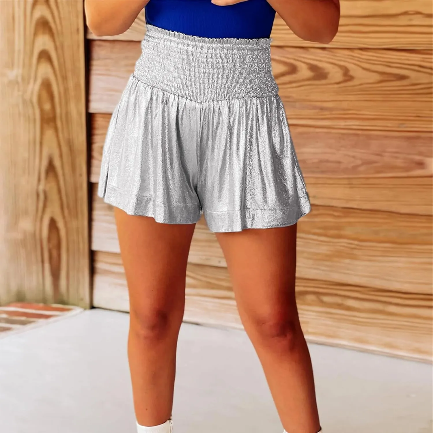 Womens Sparkly Pleated Ruffle Flowy Shorts High Elastic Waisted Flowy Sequin Shorts Loose Sport Lounge Shorts