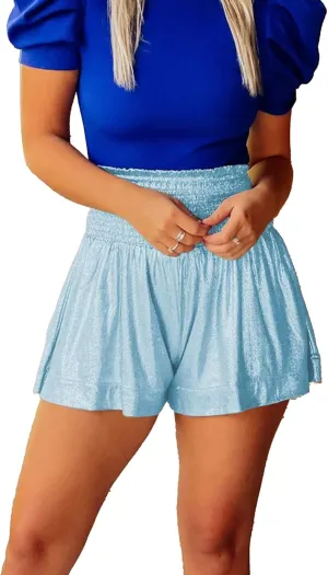 Womens Sparkly Pleated Ruffle Flowy Shorts High Elastic Waisted Flowy Sequin Shorts Loose Sport Lounge Shorts