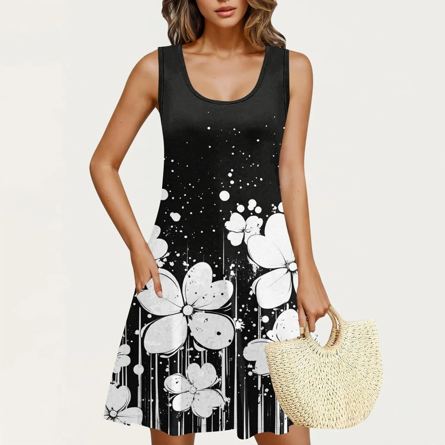 Womens Summer Dresses Casual Sleeveless Tshirt Sundress Loose Flowy Boho Floral Print Beach Cover Up Loose Tank Dress