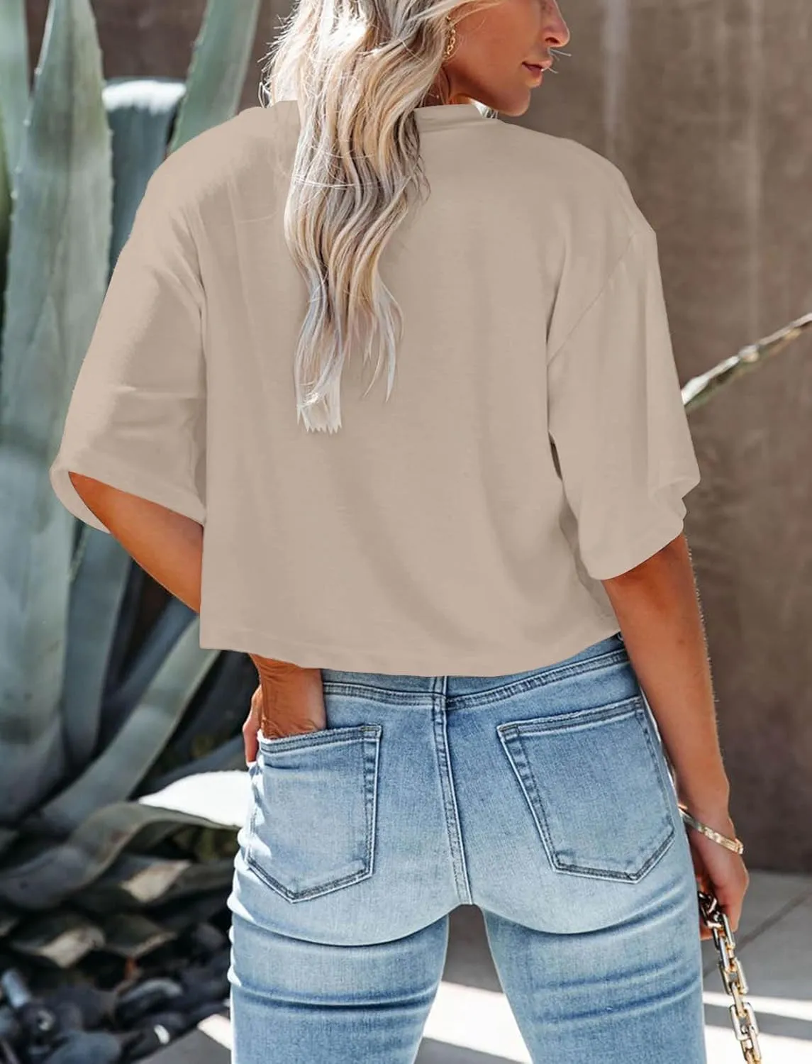 Women's Summer V Neck Cropped Tops Short Half Sleeve Loose Fit Tee Shirts