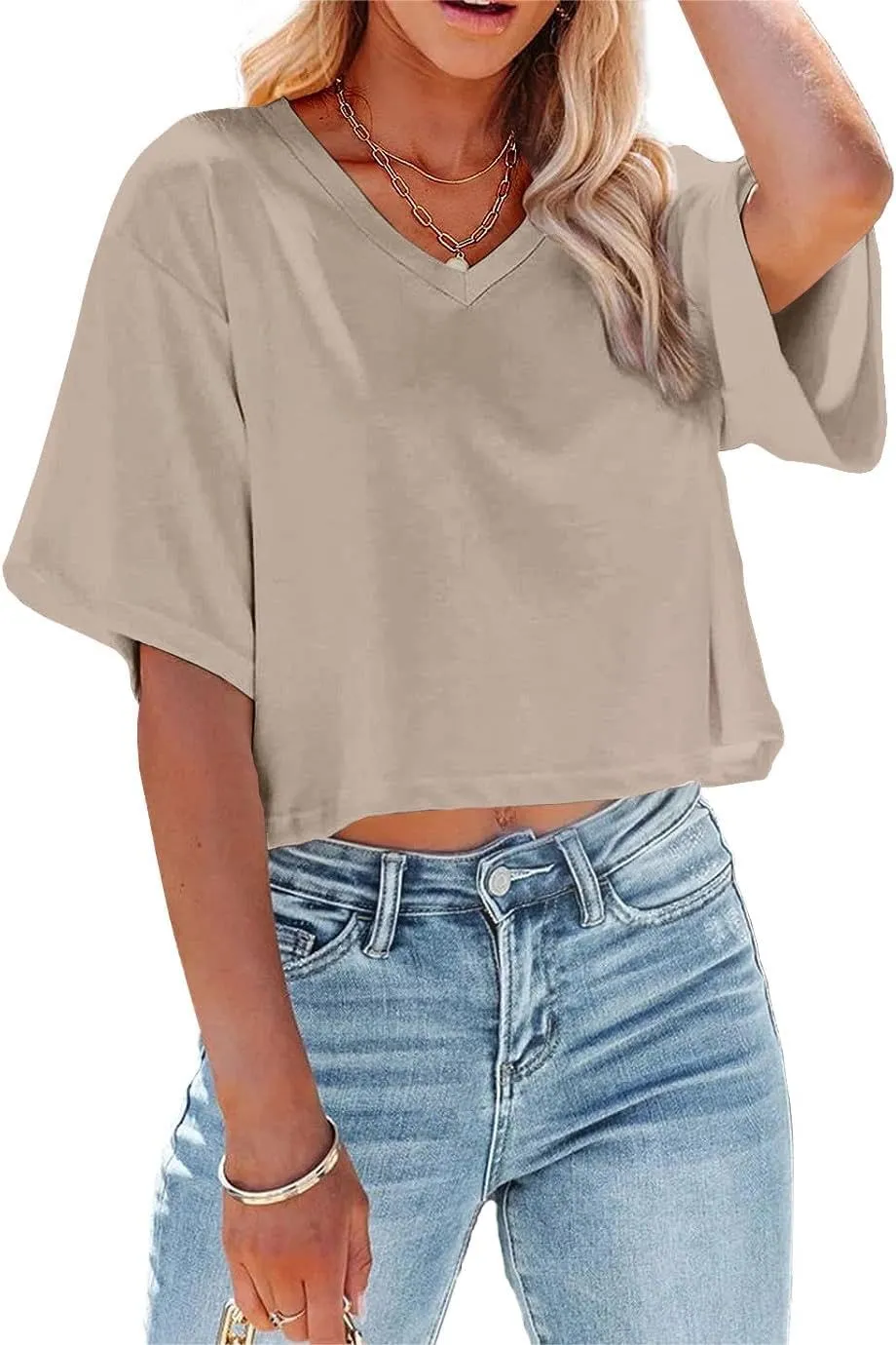 Women's Summer V Neck Cropped Tops Short Half Sleeve Loose Fit Tee Shirts