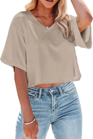 Women's Summer V Neck Cropped Tops Short Half Sleeve Loose Fit Tee Shirts