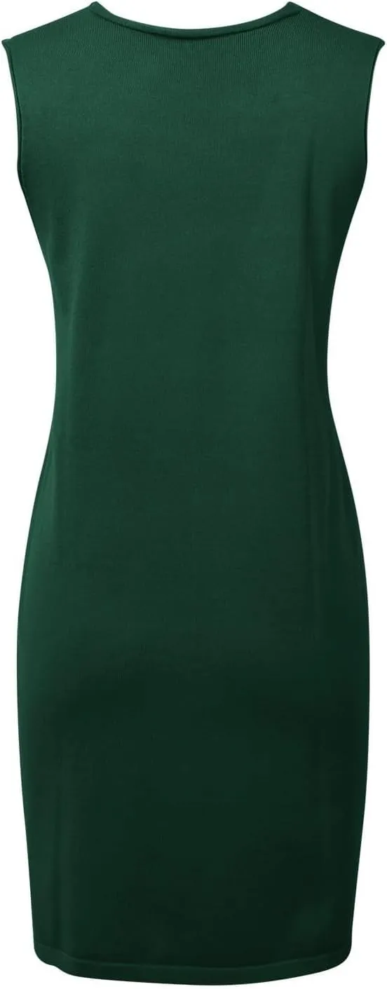 Womens Sweater Vest Dress Sleeveless V Neck Solid Color Wool Medium Sweater Dress Dual Pocket Straight Dresses