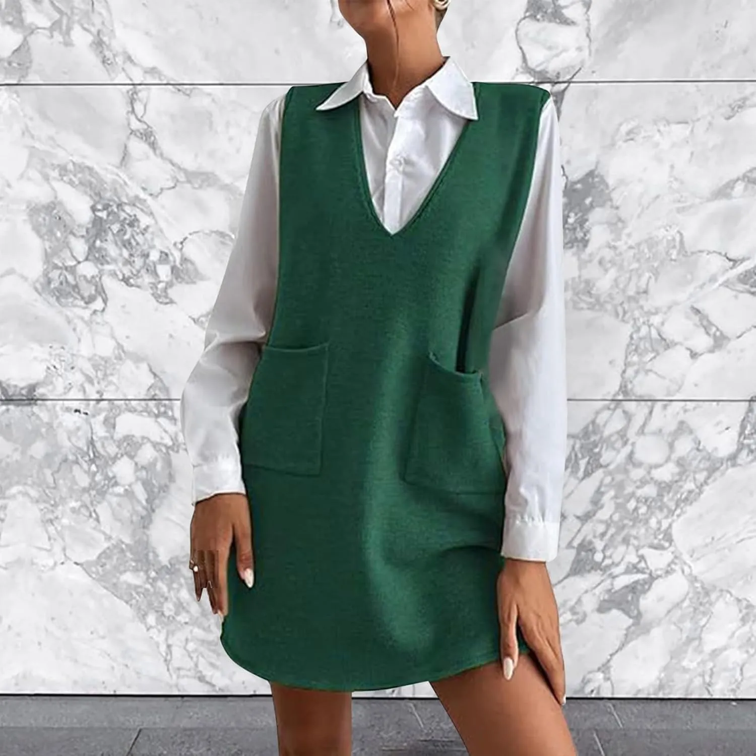 Womens Sweater Vest Dress Sleeveless V Neck Solid Color Wool Medium Sweater Dress Dual Pocket Straight Dresses