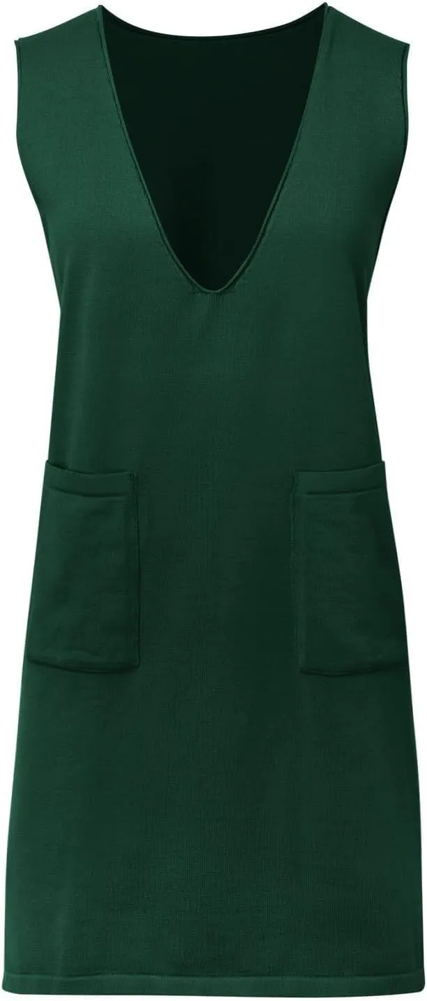 Womens Sweater Vest Dress Sleeveless V Neck Solid Color Wool Medium Sweater Dress Dual Pocket Straight Dresses