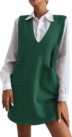Womens Sweater Vest Dress Sleeveless V Neck Solid Color Wool Medium Sweater Dress Dual Pocket Straight Dresses