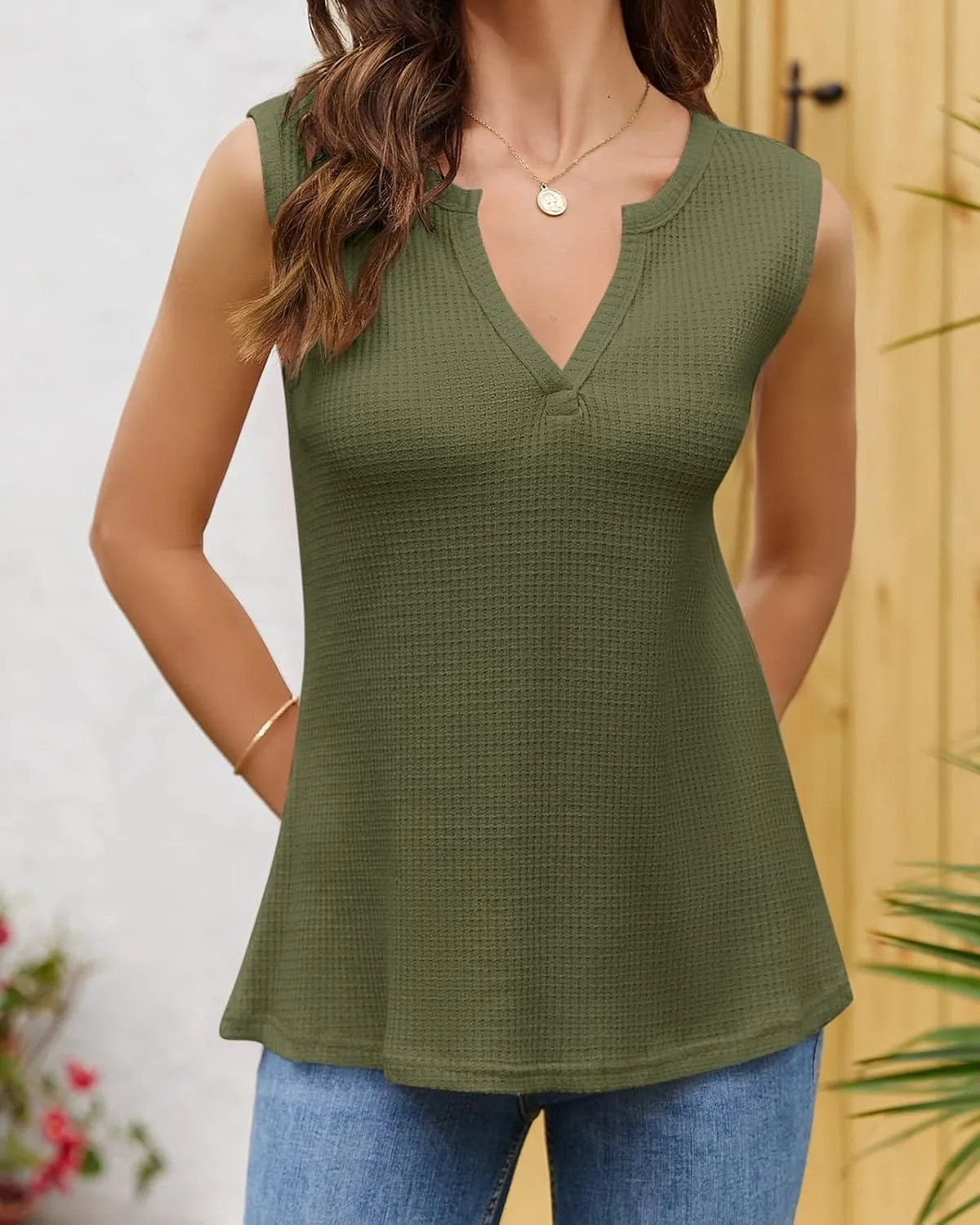 Womens Tank Tops V Neck Waffle Knit Summer Casual Sleeveless Loose Tee Shirts