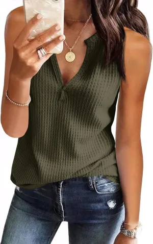 Womens Tank Tops V Neck Waffle Knit Summer Casual Sleeveless Loose Tee Shirts