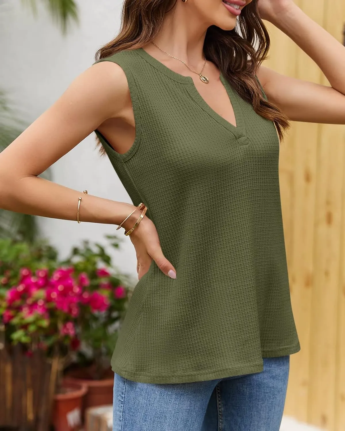 Womens Tank Tops V Neck Waffle Knit Summer Casual Sleeveless Loose Tee Shirts