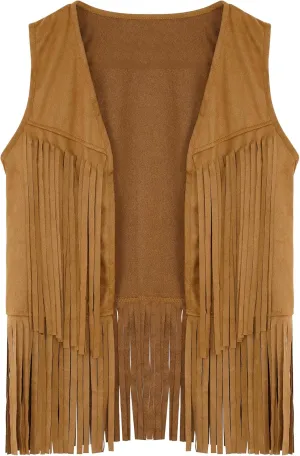 Womens Tassel Fringe Vest Sleeveless Western Cowgirl Vest 70s Costume Tops Hippie Jacket for Halloween