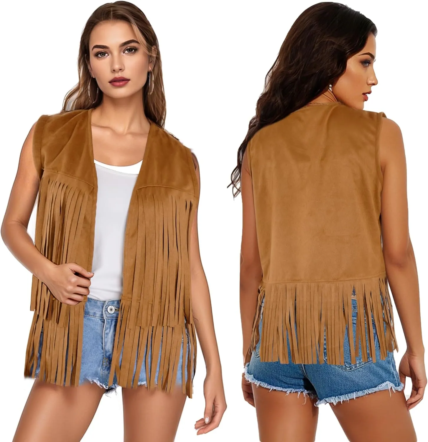 Womens Tassel Fringe Vest Sleeveless Western Cowgirl Vest 70s Costume Tops Hippie Jacket for Halloween