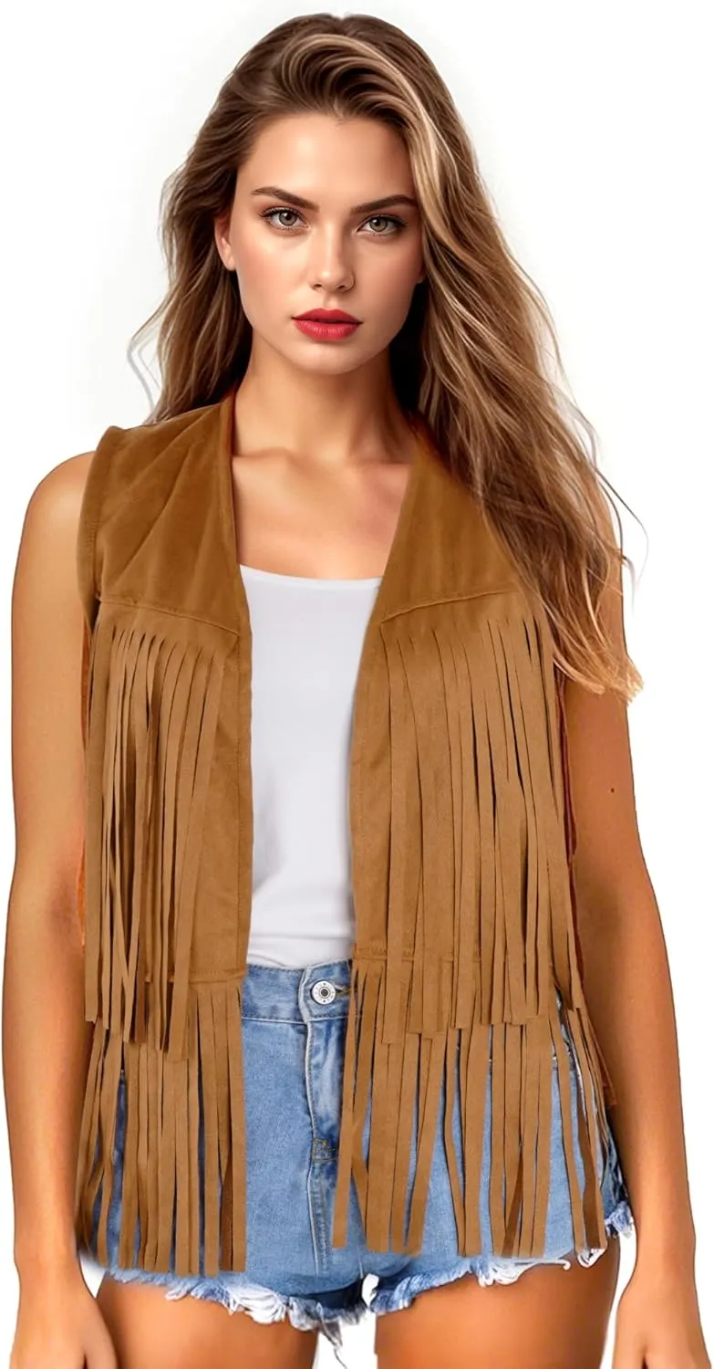 Womens Tassel Fringe Vest Sleeveless Western Cowgirl Vest 70s Costume Tops Hippie Jacket for Halloween