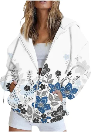 Women's Trendy Floral Printing Jacket Zip Up Long Sleeve Hoodies Streetwear Fashion Coat With Pockets