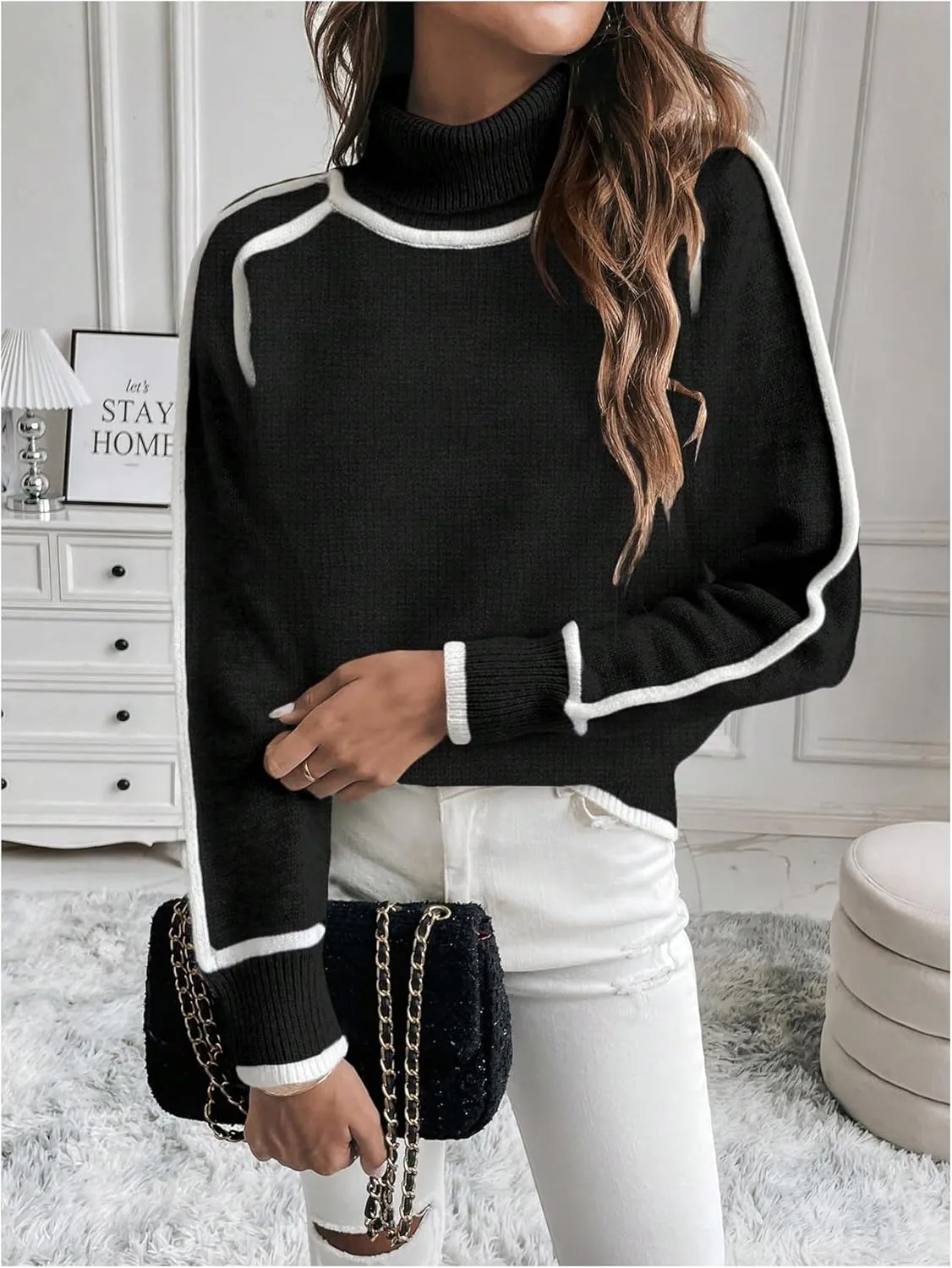 Women's Turtleneck Long Sleeve Sweater Casual Chunky Contrast Binding High Neck Pullover Sweater