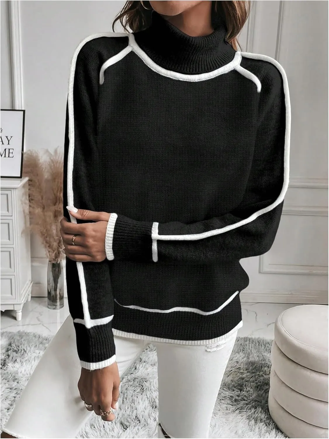 Women's Turtleneck Long Sleeve Sweater Casual Chunky Contrast Binding High Neck Pullover Sweater
