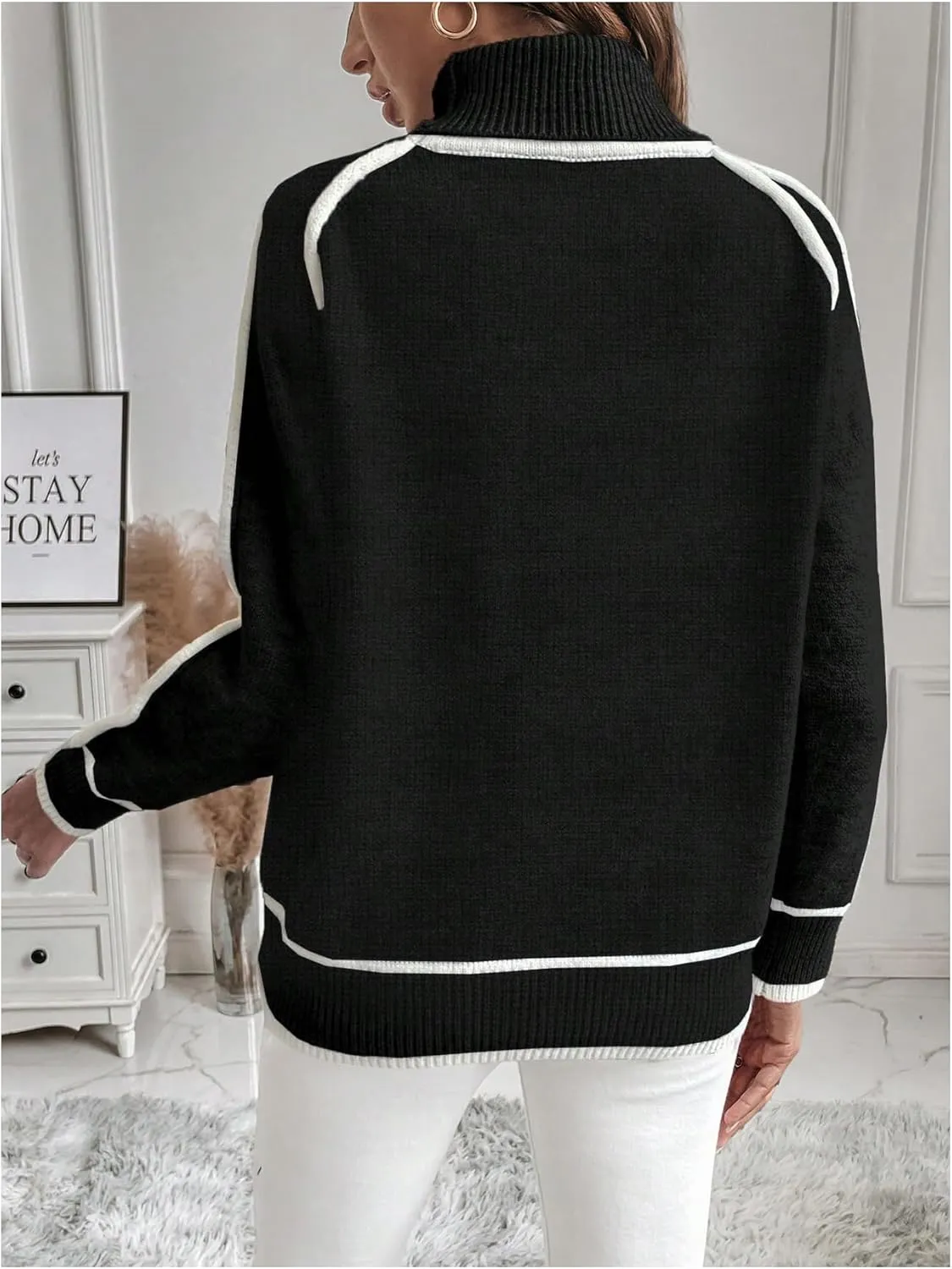 Women's Turtleneck Long Sleeve Sweater Casual Chunky Contrast Binding High Neck Pullover Sweater